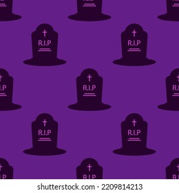 black tombstone with RIP written on it, seamless pattern on purple background, grave icon, happy halloween vector illustration