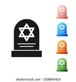 Black Tombstone with star of david icon isolated on white background. Jewish grave stone. Gravestone icon. Set icons colorful. Vector Illustration