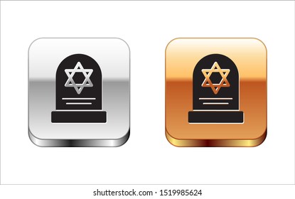 Black Tombstone with star of david icon isolated on white background. Jewish grave stone. Gravestone icon. Silver-gold square button. Vector Illustration
