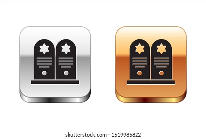 Black Tombstone with star of david icon isolated on white background. Jewish grave stone. Gravestone icon. Silver-gold square button. Vector Illustration
