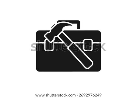 A black toolbox icon isolated on a white background. The vector illustration features a tool box with a hammer in a flat style design, perfect for various creative projects.