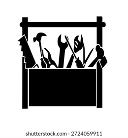 Schwarzer Werkzeugkasten mit verschiedenen Werkzeugen Silhouette einzeln auf weißem Hintergrund. Handyman-Geräte-Symbol für Reparatur, Wartung, Baudienst, Werkstatt, Mechanik, Wohnungsbau und technische Grafikdesign-Projekte.