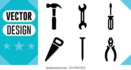 Herramientas negras y destornillador de llave de martillo de texto de diseño