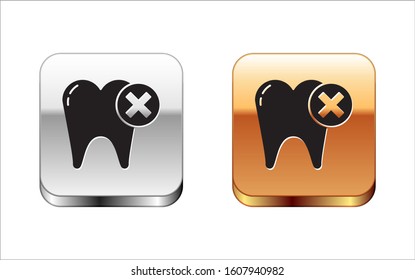 Black Tooth with caries icon isolated on white background. Tooth decay. Silver-gold square button. Vector Illustration