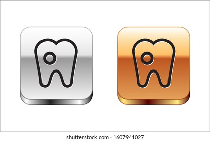 Black Tooth with caries icon isolated on white background. Tooth decay. Silver-gold square button. Vector Illustration