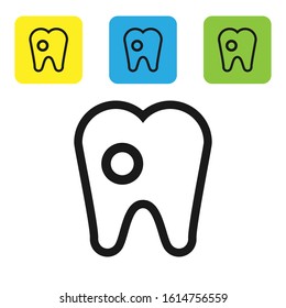 Black Tooth with caries icon isolated on white background. Tooth decay. Set icons colorful square buttons. Vector Illustration