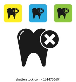 Black Tooth with caries icon isolated on white background. Tooth decay. Set icons colorful square buttons. Vector Illustration