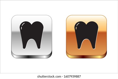 Black Tooth icon isolated on white background. Tooth symbol for dentistry clinic or dentist medical center and toothpaste package. Silver-gold square button. Vector Illustration