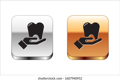 Black Tooth icon isolated on white background. Tooth symbol for dentistry clinic or dentist medical center and toothpaste package. Silver-gold square button. Vector Illustration