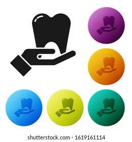 Black Tooth icon isolated on white background. Tooth symbol for dentistry clinic or dentist medical center and toothpaste package. Set icons colorful circle buttons. Vector Illustration