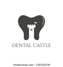diente negro con espacio negativo de castillo. Concepto de su logo para la empresa odontológica.