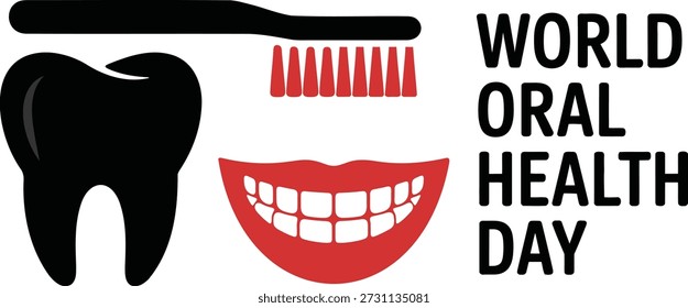 Dente preto com escova de dentes vermelha e boca sorridente ao lado do texto do Dia da Saúde Oral