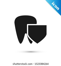 Black Tooth with shield icon isolated on white background. Dental insurance. Security, safety, protection, protect concept.  Vector Illustration