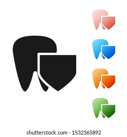 Black Tooth with shield icon isolated on white background. Dental insurance. Security, safety, protection, protect concept. Set icons colorful. Vector Illustration