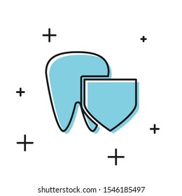Black Tooth with shield icon isolated on white background. Dental insurance. Security, safety, protection, protect concept.  Vector Illustration
