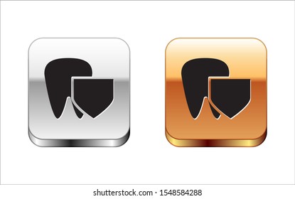 Black Tooth with shield icon isolated on white background. Dental insurance. Security, safety, protection, protect concept. Silver-gold square button. Vector Illustration