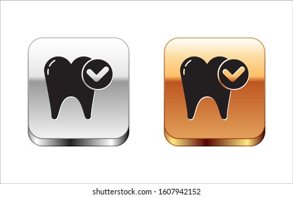 Black Tooth whitening concept icon isolated on white background. Tooth symbol for dentistry clinic or dentist medical center. Silver-gold square button. Vector Illustration