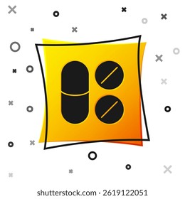 Black Toothache painkiller tablet icon isolated on white background. Tooth care medicine. Capsule pill and drug. Pharmacy design. Yellow square button. Vector