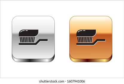 Black Toothbrush with toothpaste icon isolated on white background. Silver-gold square button. Vector Illustration