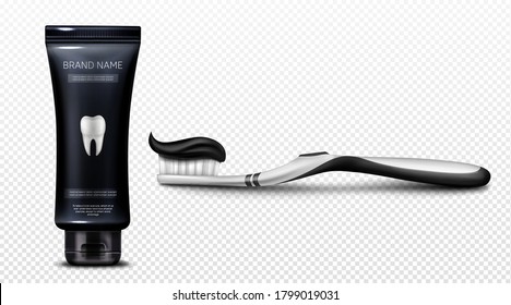 Black toothpaste in tube and on brush isolated on transparent background. Vector realistic mockup of paste for dental clean and oral hygiene in black plastic package and toothbrush