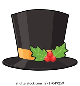A black top hat adorned with a gold band, green holly leaves, and red berries, set against a clean white background, perfect for holiday designs