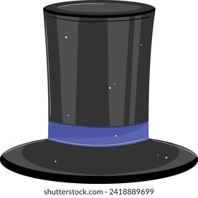 Black top hat with blue ribbon on white background. Classic magician s hat, vintage fashion accessory. Elegance, performance, costume vector illustration.