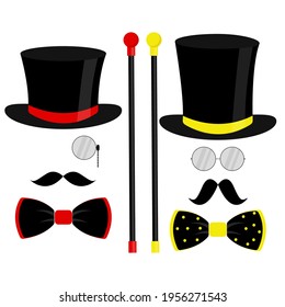 Black top hat, bow tie, monocle, and mustache. Fashionable vector illustration on white background for gift card, certificate, banner, logo.