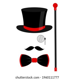 Black top hat, bow tie, monocle, and mustache. Fashionable vector illustration on white background for gift card, certificate, banner, logo.