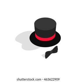 Black top hat and bow tie icon in isometric 3d style on a white background