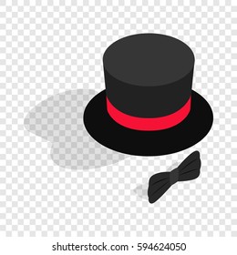 Black top hat and bow tie isometric icon 3d on a transparent background vector illustration