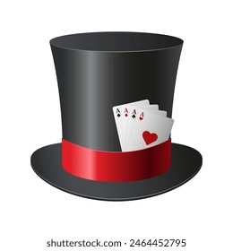 Black top hat with fan of playing cards.