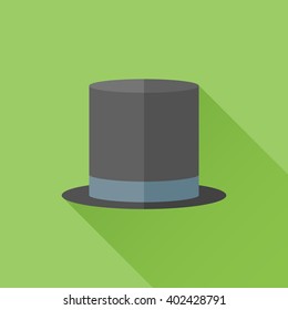 Black top hat flat icon with long shadow on green background. Cylinder gentleman hat. Vector illustration.