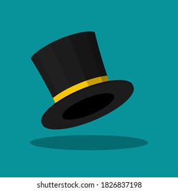 Black Top Hat isolated on blue background. Cylinder gentleman hat, broad-brimmed magic hat with yellow ribbon. Stylish men accessory. Vector illustration