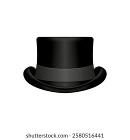 Black top hat realistic 3d vector isolated on white background with elegant satin band and shadow effect, classic headdress fashion themes, vintage style accessory, formal attire design.