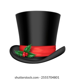 Black top hat with red ribbon and holly berries realistic vector illustration. Elegant accessory for Christmas party 3d object on white