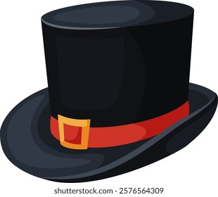 Black top hat with red ribbon and golden buckle standing out on a white background, perfect for representing vintage elegance and sophistication