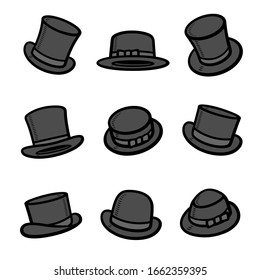 Black top hat set. Collection icon black top hat. Vector