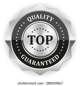 Black top quality badge with silver border on white background