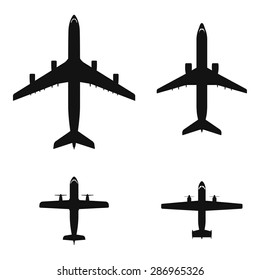 Black top view airplanes vector icon set
