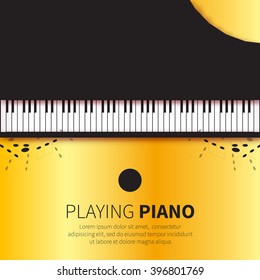 Black Top view Grand piano, chair, note. Music instrument on gold background. Vector illustration