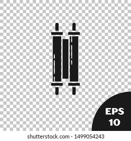 Black Torah scroll icon isolated on transparent background. Jewish Torah in expanded form. Star of David symbol. Old parchment scroll.  Vector Illustration