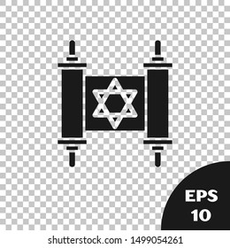 Black Torah scroll icon isolated on transparent background. Jewish Torah in expanded form. Star of David symbol. Old parchment scroll.  Vector Illustration