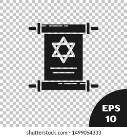Black Torah scroll icon isolated on transparent background. Jewish Torah in expanded form. Star of David symbol. Old parchment scroll.  Vector Illustration