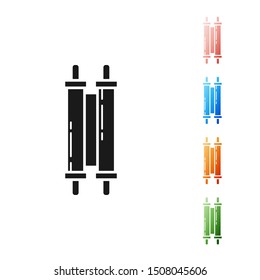 Black Torah scroll icon isolated on white background. Jewish Torah in expanded form. Star of David symbol. Old parchment scroll. Set icons colorful. Vector Illustration
