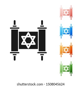 Black Torah scroll icon isolated on white background. Jewish Torah in expanded form. Star of David symbol. Old parchment scroll. Set icons colorful. Vector Illustration