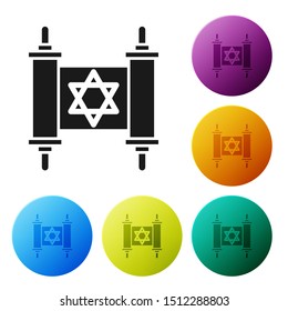 Black Torah scroll icon isolated on white background. Jewish Torah in expanded form. Star of David symbol. Old parchment scroll. Set icons colorful circle buttons. Vector Illustration