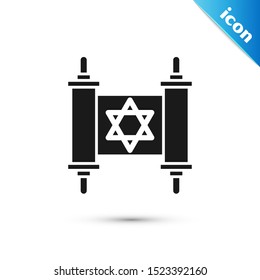 Black Torah scroll icon isolated on white background. Jewish Torah in expanded form. Star of David symbol. Old parchment scroll.  Vector Illustration