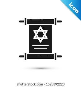 Black Torah scroll icon isolated on white background. Jewish Torah in expanded form. Star of David symbol. Old parchment scroll.  Vector Illustration
