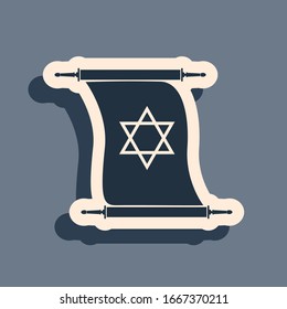 Black Torah scroll icon isolated on grey background. Jewish Torah in expanded form. Torah Book sign. Star of David symbol. Simple old parchment scroll. Long shadow style. Vector Illustration