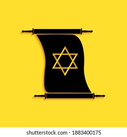 Black Torah scroll icon isolated on yellow background. Jewish Torah in expanded form. Torah Book. Star of David symbol. Simple old parchment scroll. Long shadow style. Vector.